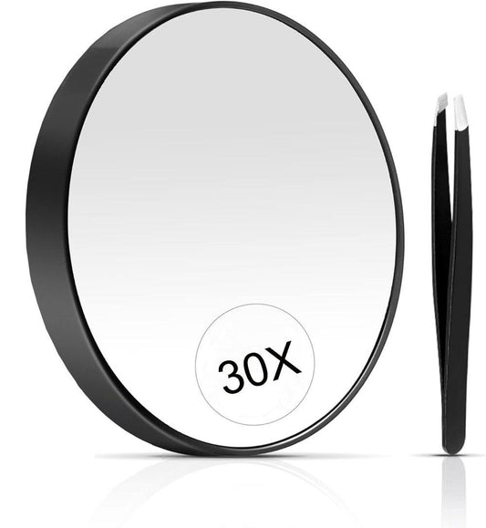 20X/30X Magnification Makeup Mirror with Tweezers, Black, 30X.