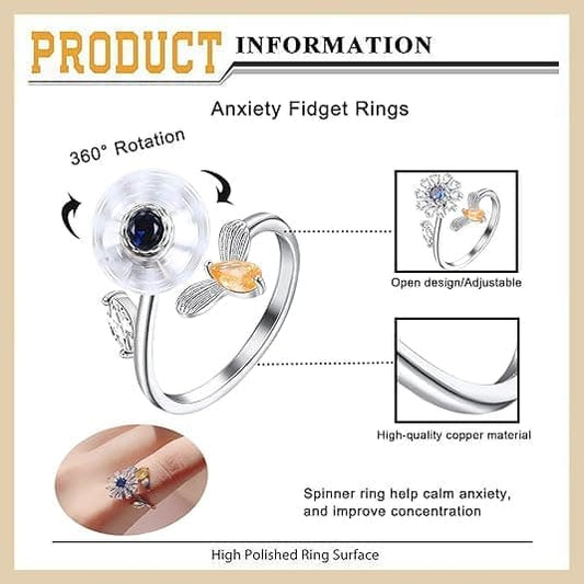 6 pcs Rotatable Antistress Fidget Spinner Rings, Silver