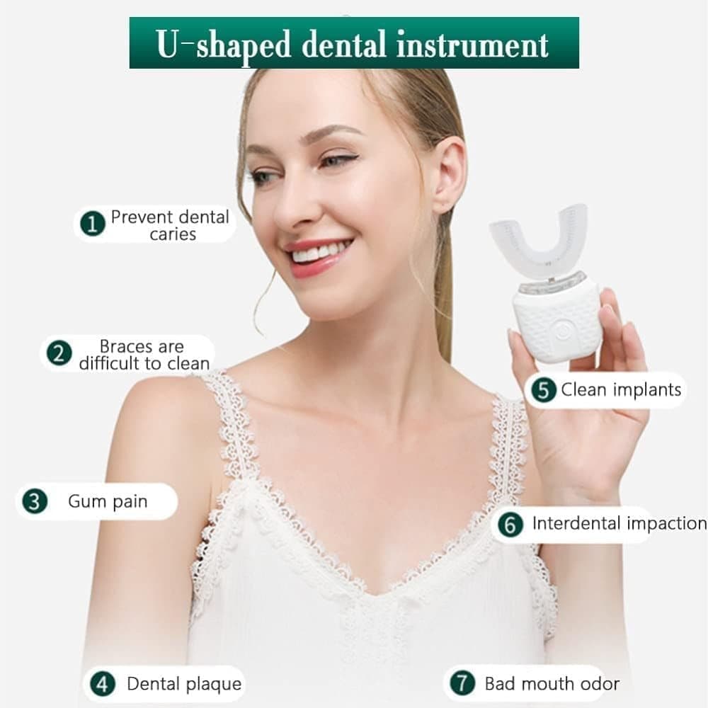 360Â° U-Shaped Electric Toothbrush with 3 Cleaning Modes, IPX7 Waterproof, Automatic Ultrasonic Tooth Cleaner, Compatible with Oral-B, Pink.