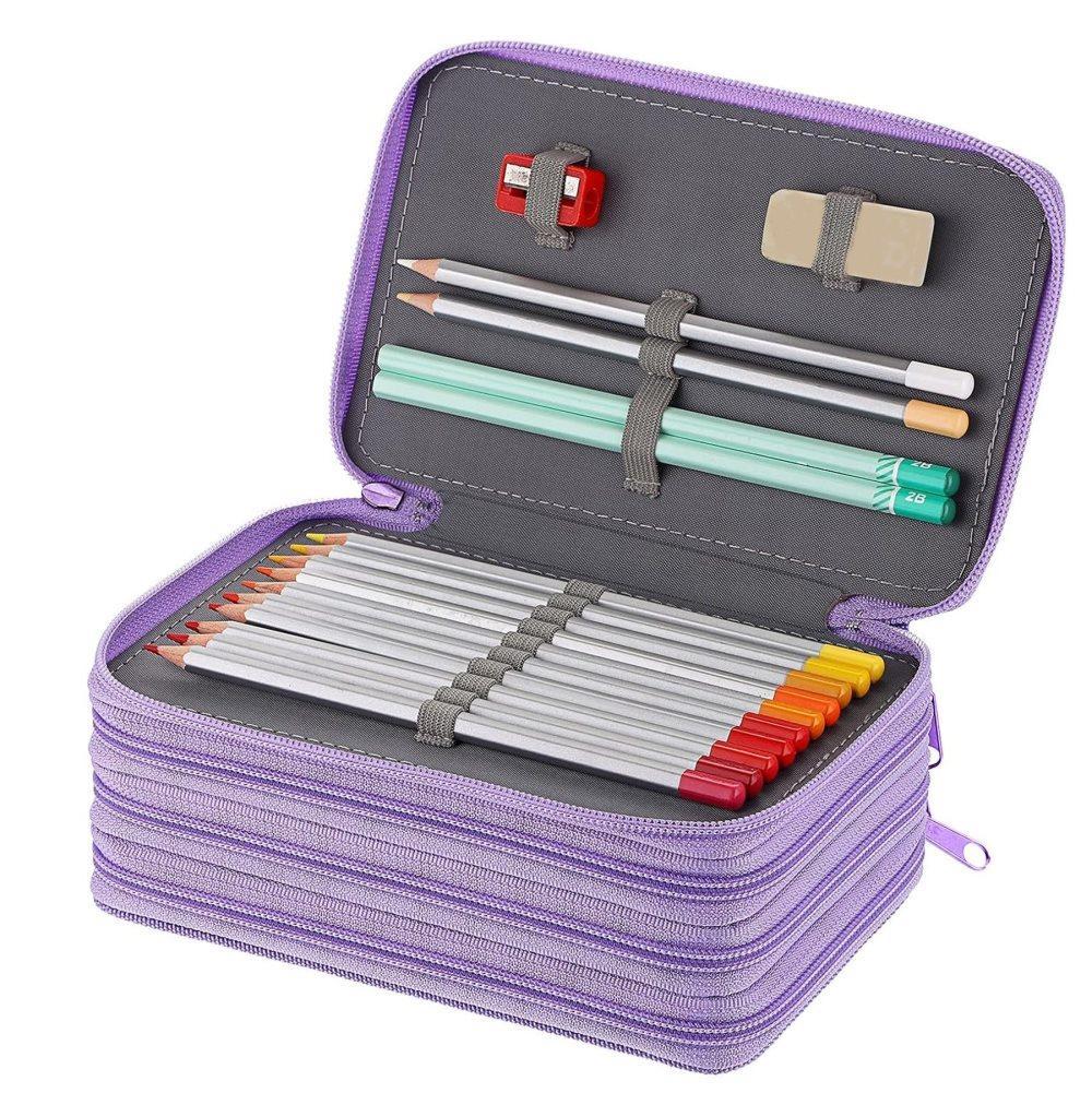 72 Holes Pen Case with Compartments, Large Capacity Lightweight Durable, Compatible with Students and Office Use, Purple