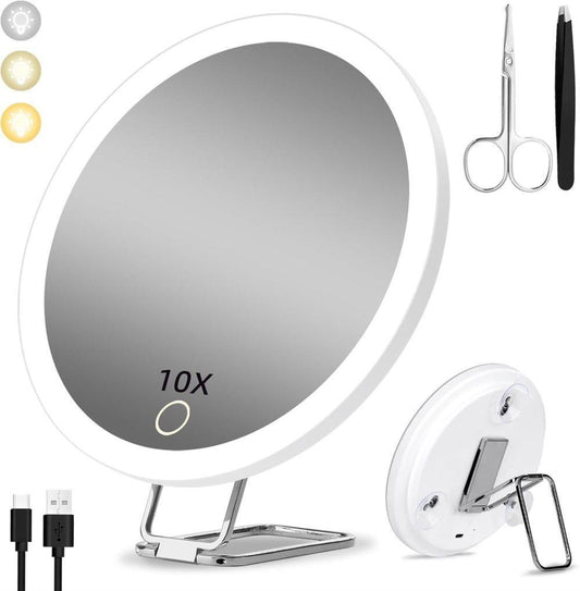 10X LED makeup mirror with lighting, 360Â° rotatable dimmable with 3 light modes and magnification, suction cup, White.
