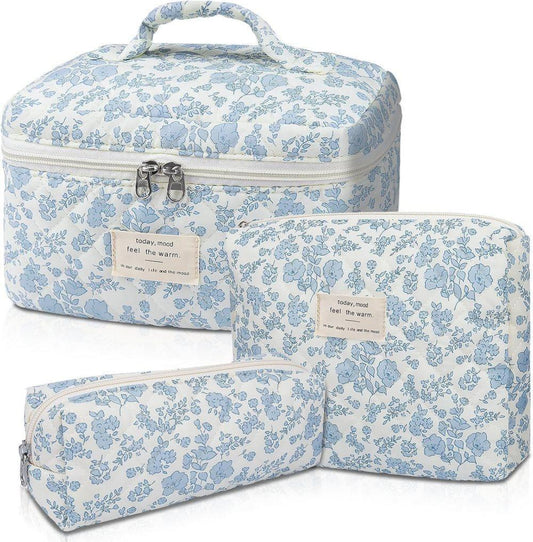 3 Cosmetic Bags Floral Lightweight Toiletry Bag for Women, Blue.