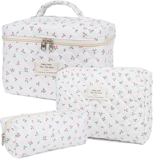 3 Cosmetic Bags Floral Lightweight Toiletry Bag for Women, White, Set of 3.