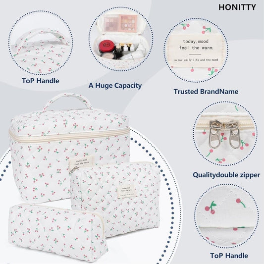 3 Cosmetic Bags Floral Lightweight Toiletry Bag for Women, White, Set of 3.