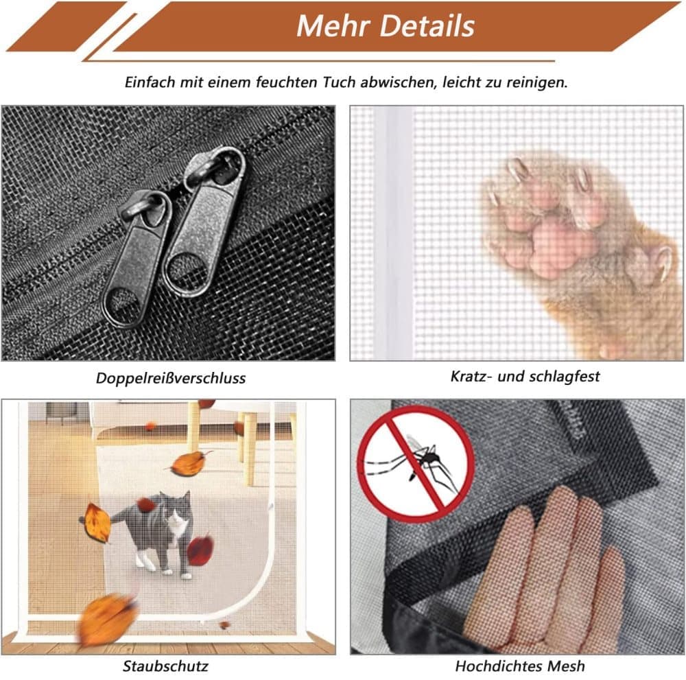 Reinforced cat door protection with durable breathable insect-repellent mesh scratch-resistant pet safe, 80x200cm, Black