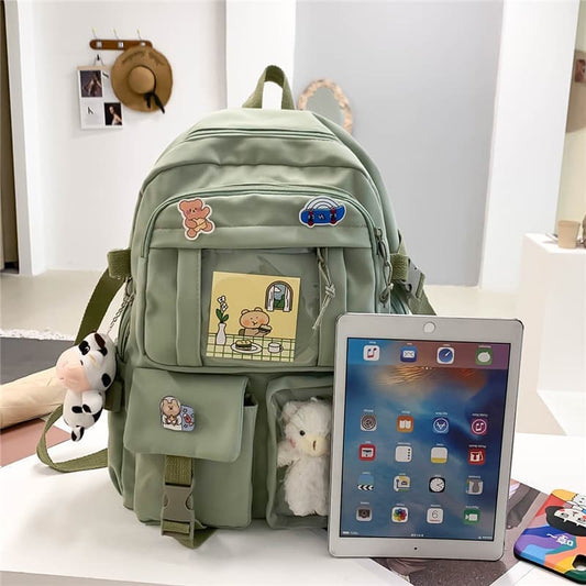 School Backpack Cute Waterproof for Girls with Accessories and Plush Pendant, Green