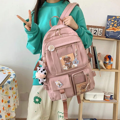 Girls Waterproof School Backpack with Accessories and Plush Pendant, Ideal for School and Travel, Pink