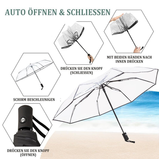 9 Fiberglass Ribs Automatic Folding Transparent Umbrella, Waterproof Lightweight Travel Rain, Black