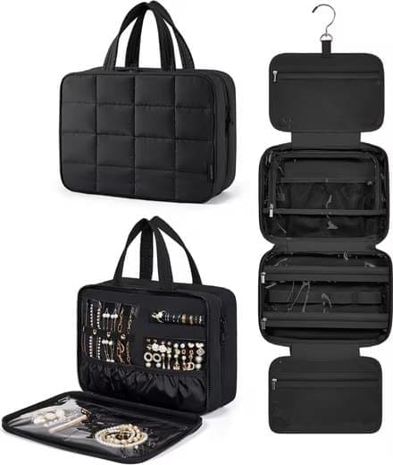 Women's Hanging Travel Makeup Bag with Jewelry Compartment, Black, 31Ã12Ã23 cm.