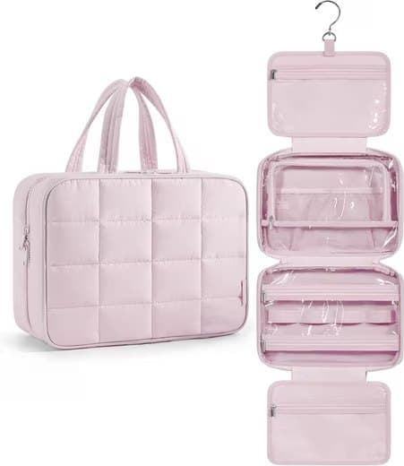 Pink Hanging Travel Makeup Bag with Jewelry Compartment, 28Ã12Ã20 cm.