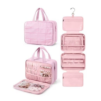 Pink Hanging Travel Makeup Bag with Jewelry Compartment, 28Ã12Ã20 cm.
