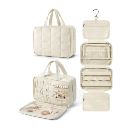 Hanging Travel Makeup Bag for Women with Jewelry Compartment, 28Ã12Ã20 cm, Beige.