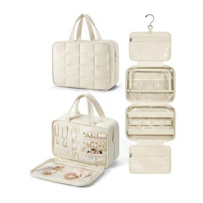 Hanging Travel Makeup Bag for Women with Jewelry Compartment, 28Ã12Ã20 cm, Beige.