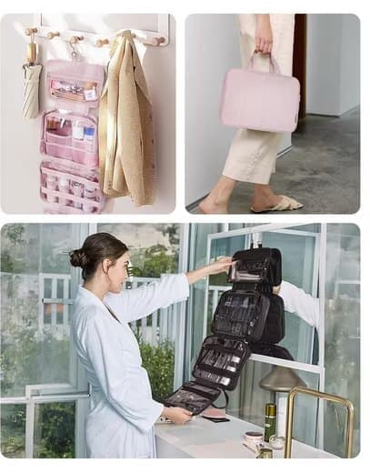 Hanging Travel Makeup Bag for Women with Jewelry Compartment, 28Ã12Ã20 cm, Beige.