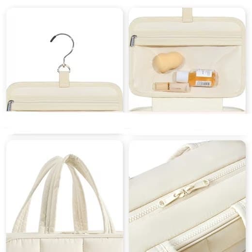 Hanging Travel Makeup Bag for Women with Jewelry Compartment, 28Ã12Ã20 cm, Beige.