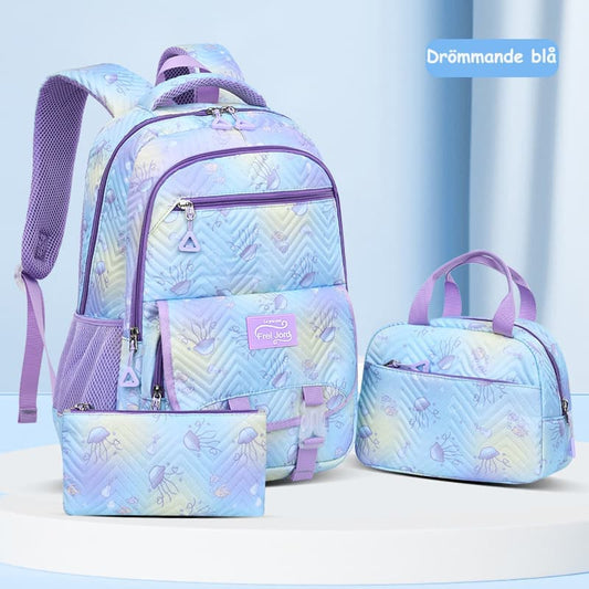 3-Piece Girls Backpack Set with Pencil Case and Lunch Bag, Blue, for Elementary & Teenage Students