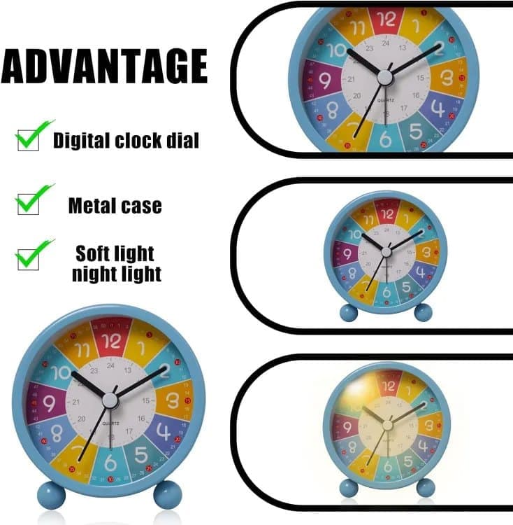 Colorful Silent Alarm Clock with Night Light for Children, 8cm Round, Pink