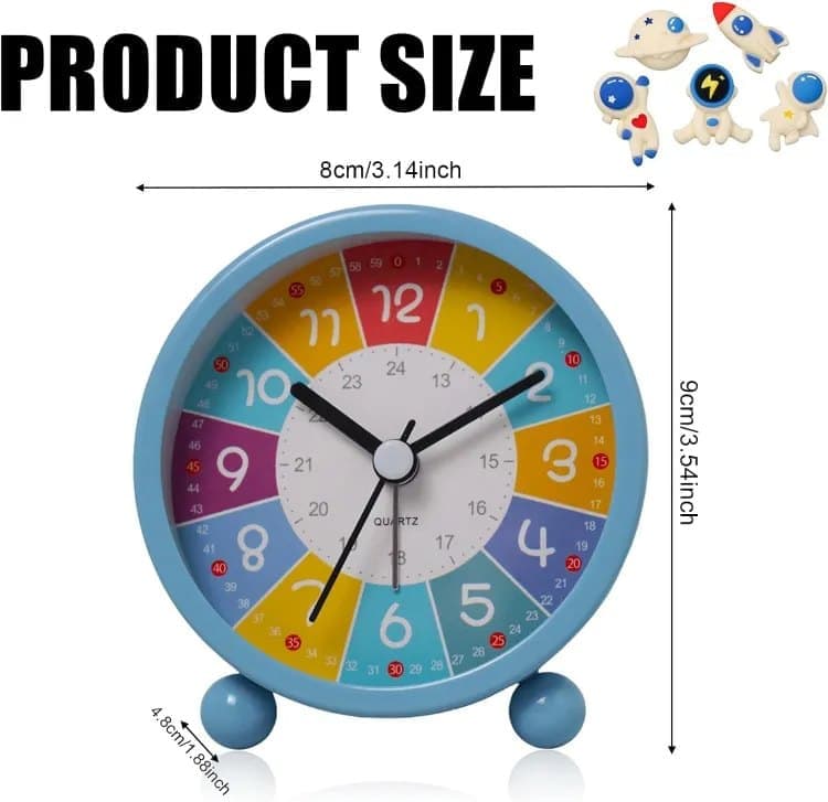 Colorful Silent Alarm Clock with Night Light for Children, 8cm Round, Pink