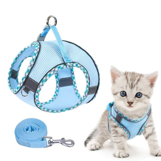 1 Adjustable Dog and Cat Harness with Leash, Reflective Soft Secure Fit, M, Light Blue