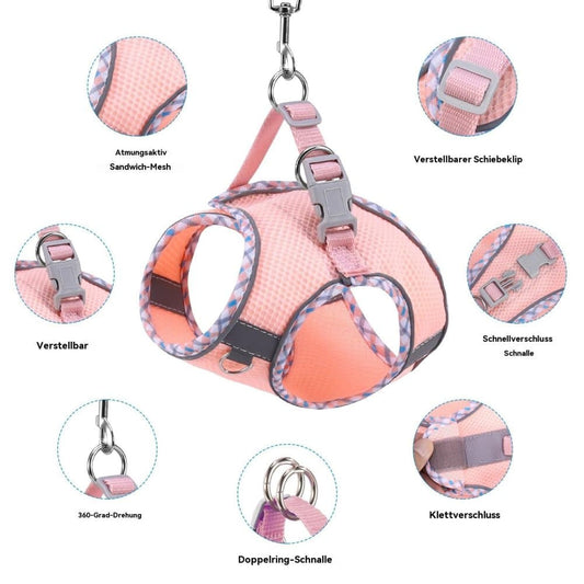 1 Adjustable Dog and Cat Harness with Leash, Reflective Soft Secure Fit, M, Light Blue
