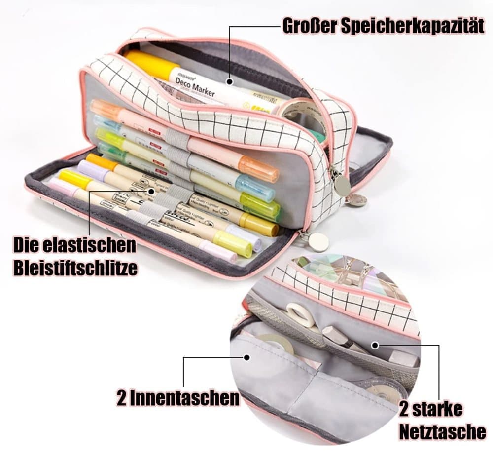 3 Compartments Large Pencil Case, High Capacity Multifunctional Organizer, Dark Blue