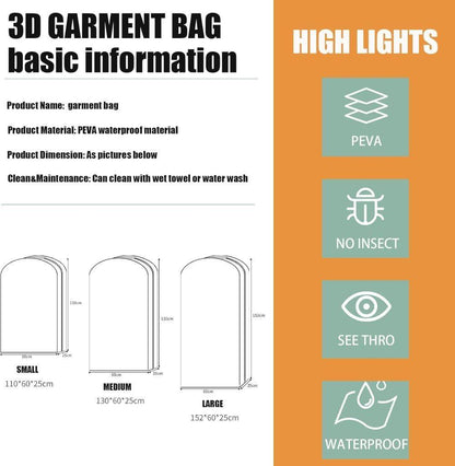 3-pack Transparent Dustproof Garment Storage Bag with Zipper for Wardrobe, PEVA Material, 60 x 25 x 153cm