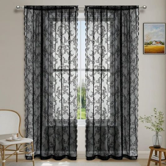1 Pair Black Lace Curtain Semi-sheer Vintage Floral Pattern for Bedroom Living Room, 150cm x 200cm