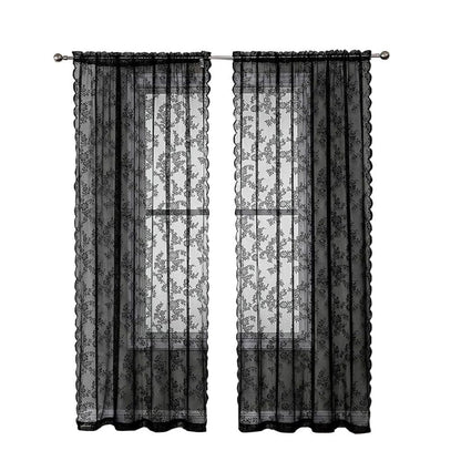 1 Pair Black Lace Curtain Semi-sheer Vintage Floral Pattern for Bedroom and Living Room, 100cm x 100cm