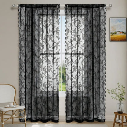 1 Pair Black Lace Curtain Semi-sheer Vintage Floral Pattern for Bedroom and Living Room, 100cm x 100cm