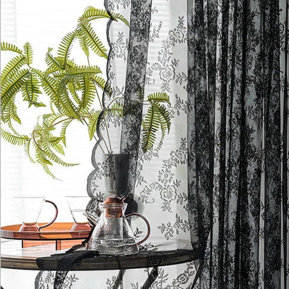 1 Pair Black Lace Curtain Semi-sheer Vintage Floral Pattern for Bedroom and Living Room, 100cm x 100cm