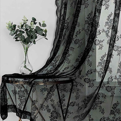 1 Pair Black Lace Curtain Semi-sheer Vintage Floral Pattern for Bedroom and Living Room, 100cm x 100cm