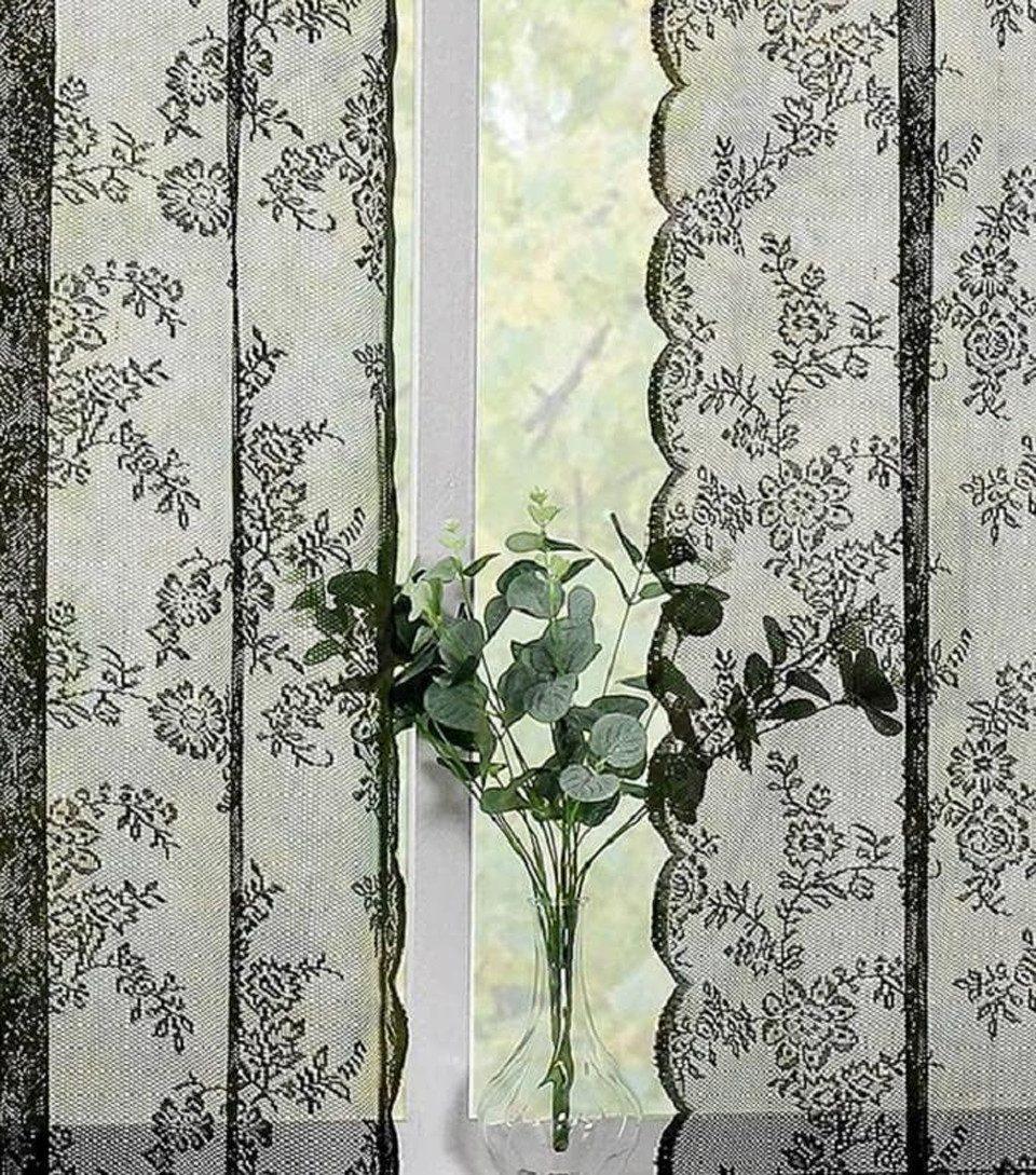 1 Pair Black Lace Curtain Semi-sheer Vintage Floral Pattern for Bedroom and Living Room, 100cm x 100cm
