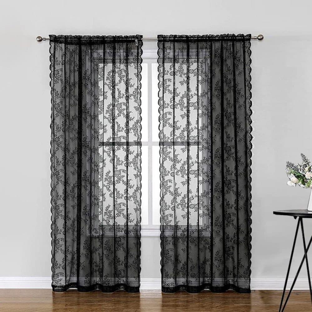 1 Pair Black Lace Curtain Semi-sheer Vintage Floral Pattern for Bedroom and Living Room, 100cm x 100cm