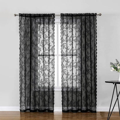 1 Pair Black Lace Curtain Semi-sheer Vintage Floral Pattern for Bedroom and Living Room, 100cm x 100cm