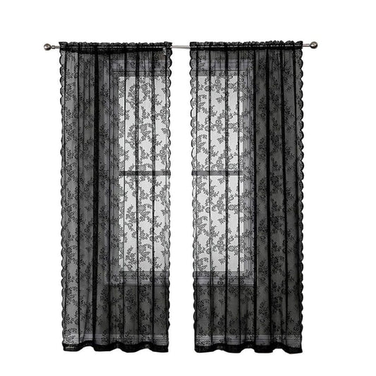 1 Pair Black Lace Curtain Semi-sheer Vintage Floral Pattern for Bedroom Living Room, W100cm x L200cm
