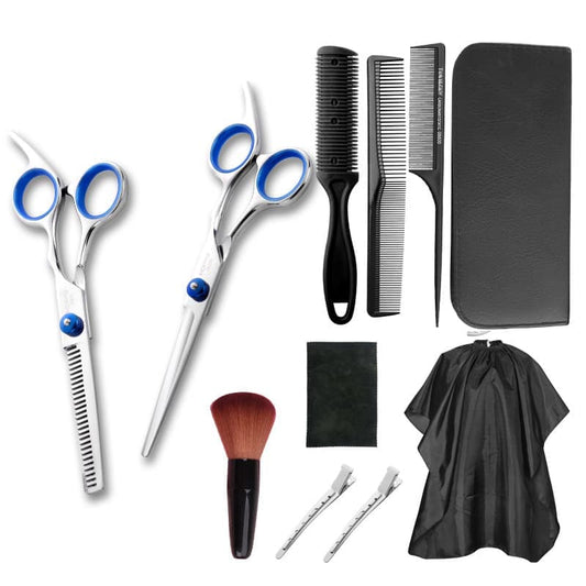 11-Piece Hairdressing Set with Scissors, Combs, Clips and Cape.