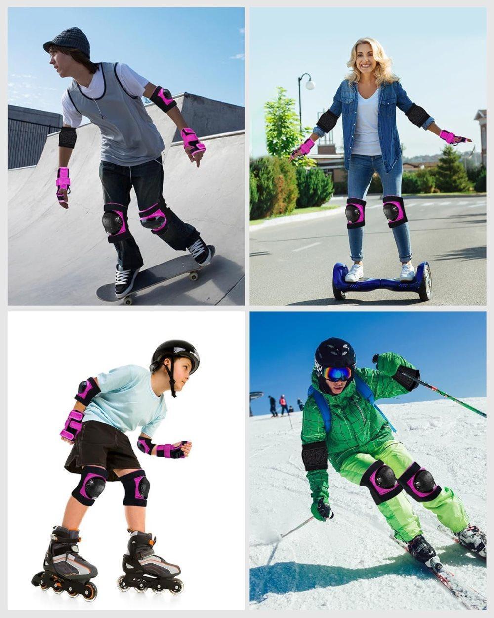 6-in-1 Protective Gear Set for Roller Skating Skateboarding with Adjustable Knee Elbow Wrist Guards, One Size, Pink.
