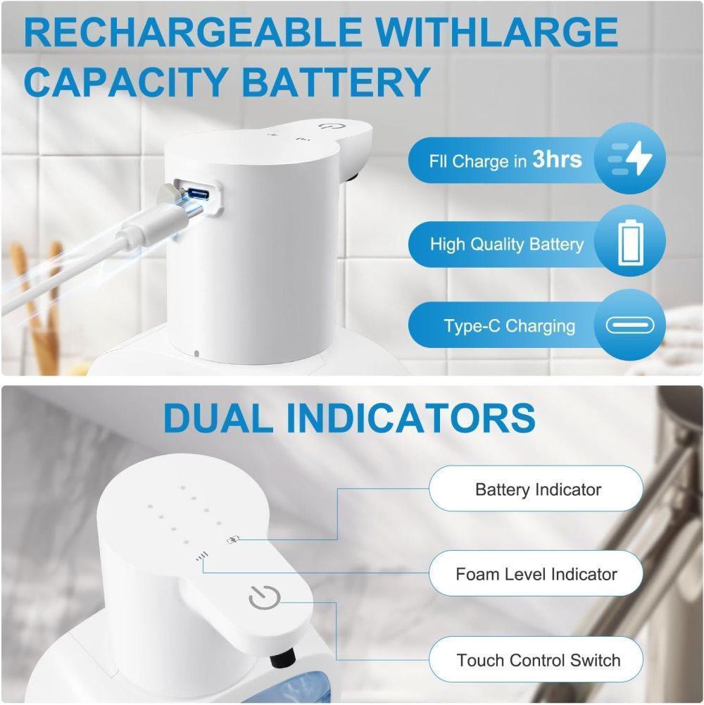 500ml Rechargeable Automatic Soap Dispenser Wall Mounted with 4 Levels, Compatible with Kitchen and Bathroom.