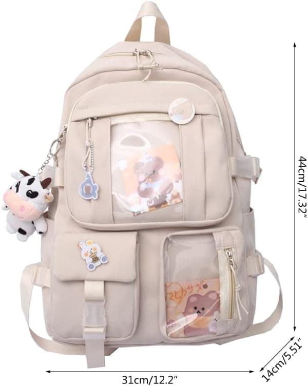 1 Children's Cute Backpack with Pins and Plush Pendant, Green, Waterproof School Backpack for Girls