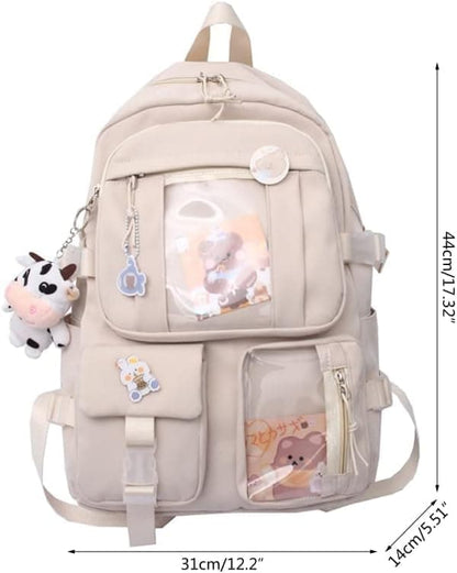 1 Children's Cute Backpack with Pins and Plush Pendant, Green, Waterproof School Backpack for Girls