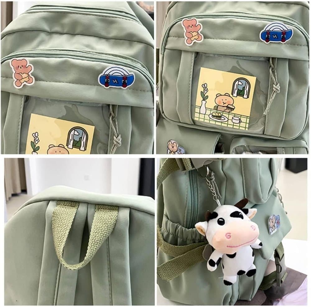 1 Children's Cute Backpack with Pins and Plush Pendant, Green, Waterproof School Backpack for Girls