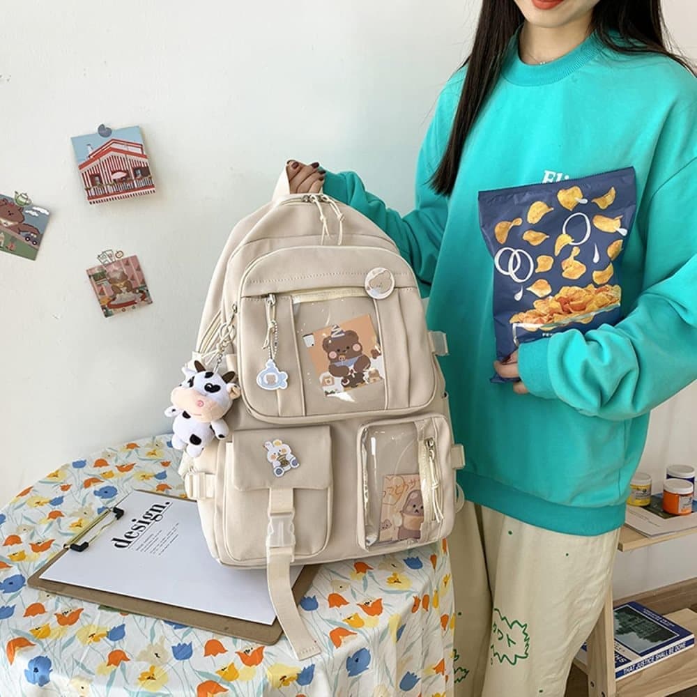 1 Children's Cute Backpack with Pins and Plush Pendant, Green, Waterproof School Backpack for Girls