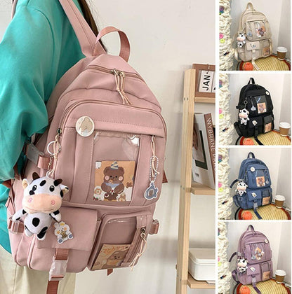 1 Children's Cute Backpack with Pins and Plush Pendant, Green, Waterproof School Backpack for Girls