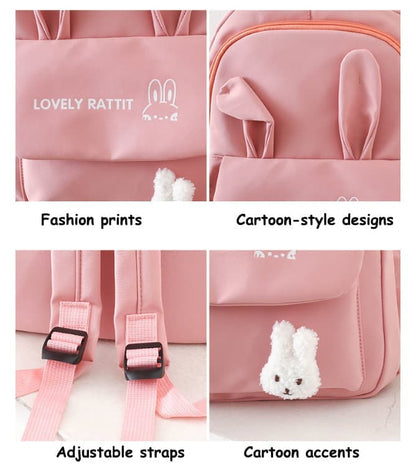 Cute Rabbit Ears School Backpack for Girls 4-Piece with Multiple Compartments Large Space, Pink, Compatible with Teenage & High School