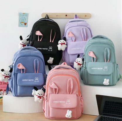Cute Rabbit Ears School Backpack for Girls 4-Piece, Large Space Multiple Compartments, Blue, with Oral-B