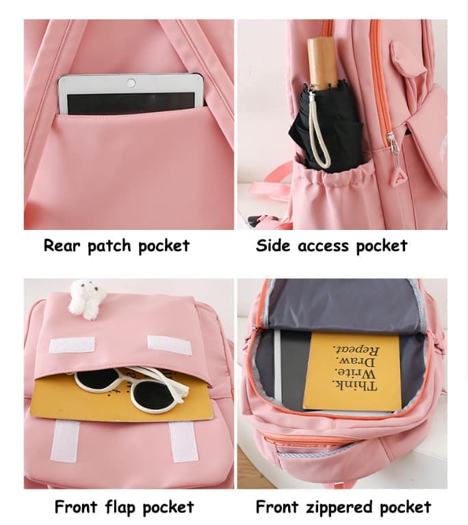 Cute Rabbit Ears School Backpack for Girls 4-Piece, Large Space Multiple Compartments, Blue, with Oral-B