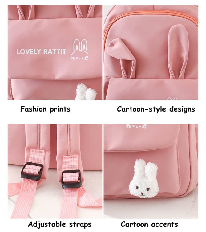 Cute Rabbit Ears School Backpack for Girls 4-Piece, Large Space Multiple Compartments, Blue, with Oral-B