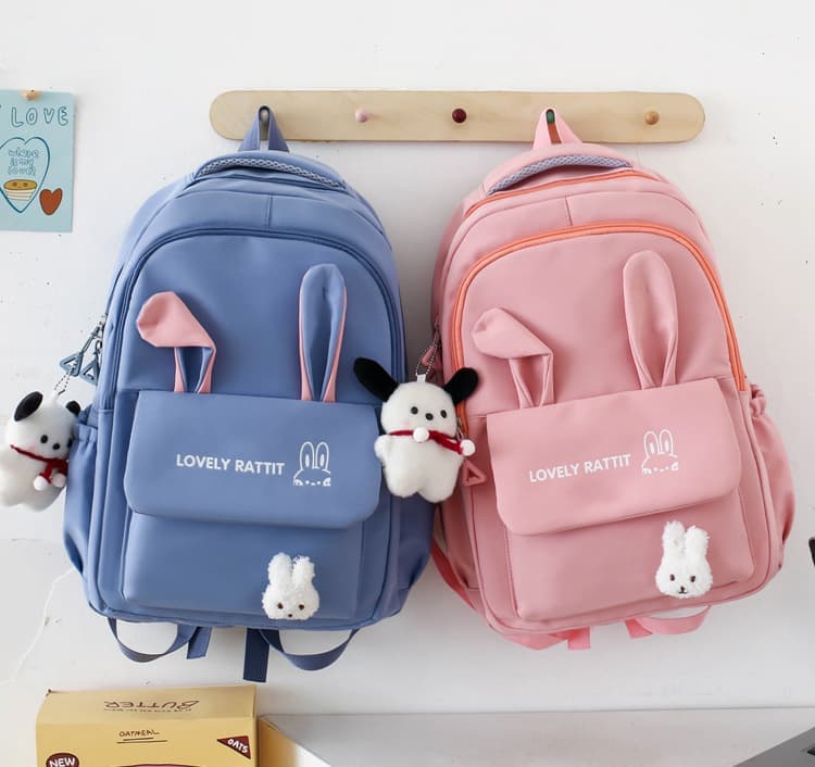 Cute Rabbit Ears School Backpack for Girls 4-Piece, Large Space Multiple Compartments, Blue, with Oral-B