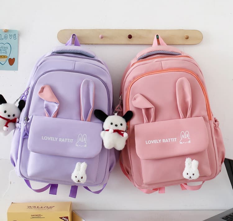 Cute Rabbit Ears School Backpack for Girls 4-Piece, Large Space Multiple Compartments, Blue, with Oral-B