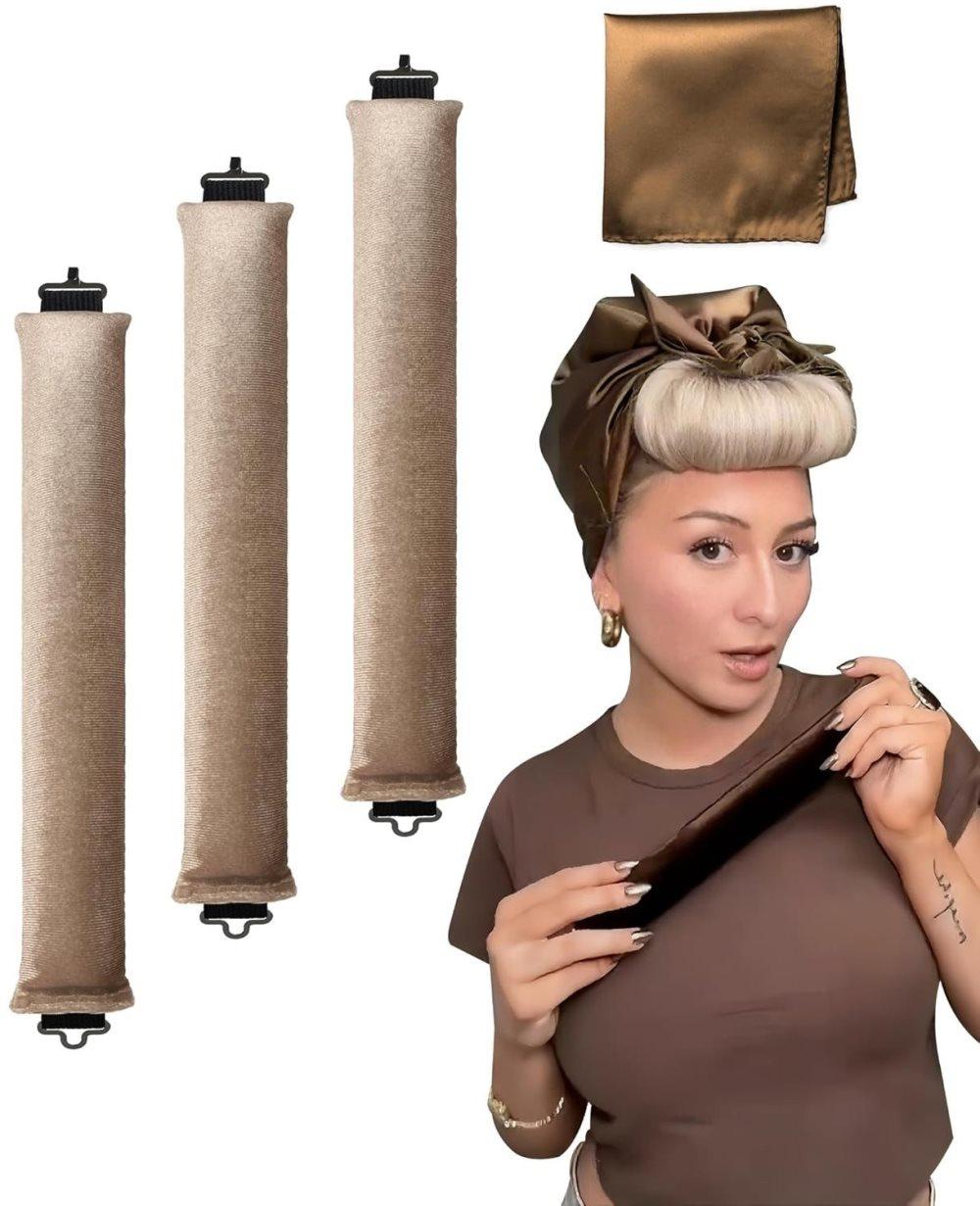 4-Piece Heat-Free Hair Curlers, Flexible No-Heat Hair Rollers with Hook, Brown, 4-Piece.